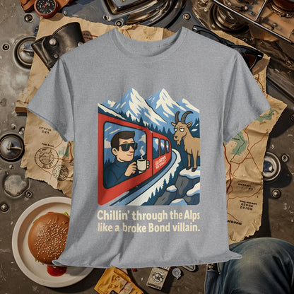 Glacier Express Chill Tee – Skeptical Goat in the Alps Vibe Road Trip & Vehicle Travel T-Shirts | Car, RV, and Motorcycle Adventure Tees