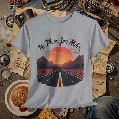 No Plans, Just Miles Adventure Road Unisex Cotton Tee - Travel Shirt, Road Trip Tee, Travel Lover Gift, Nature Lover Shirt, Vacation T-Shirt, Charity Donation