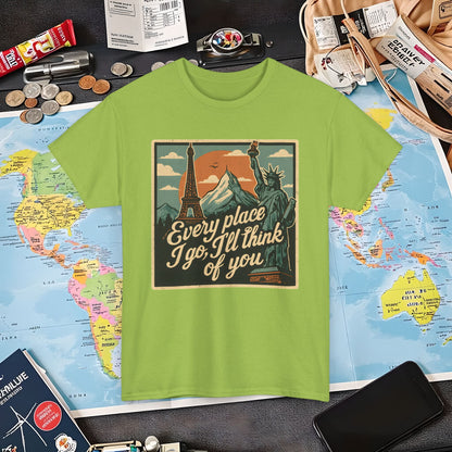 Every Place I Go, I’ll Think of You T-Shirt – Vintage Postcard Travel Collage with Iconic Landmarks Air Travel T-Shirts | Jetsetter, Airport, and International Flight Tees