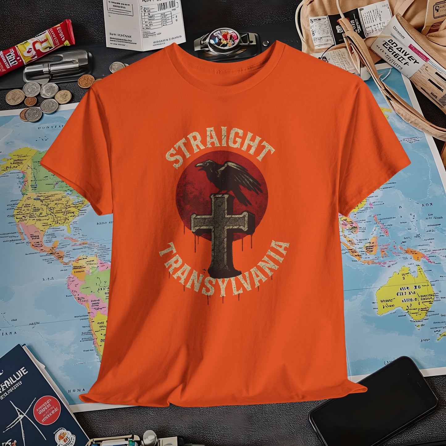 Blood Moon Raven Gothic Cross Tee – Dark Transylvania Travel Shirt | Layover Club Air Travel T-Shirts | Jetsetter, Airport, and International Flight Tees