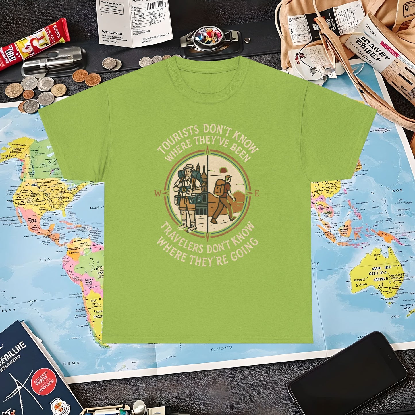 Tourists vs. Travelers – Vintage Compass Emblem Quote Tee | Layover Club Air Travel T-Shirts | Jetsetter, Airport, and International Flight Tees