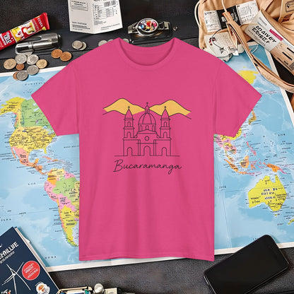 Bucaramanga Cathedral with Andes Silhouette – Vintage Colombia Travel Tee | Layover Club Air Travel T-Shirts | Jetsetter, Airport, and International Flight Tees