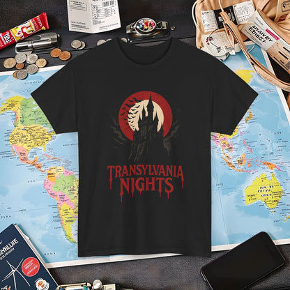 Gothic Transylvania Castle under Crimson Moon Tee – Dark Travel Romania Shirt | Layover Club Air Travel T-Shirts | Jetsetter, Airport, and International Flight Tees