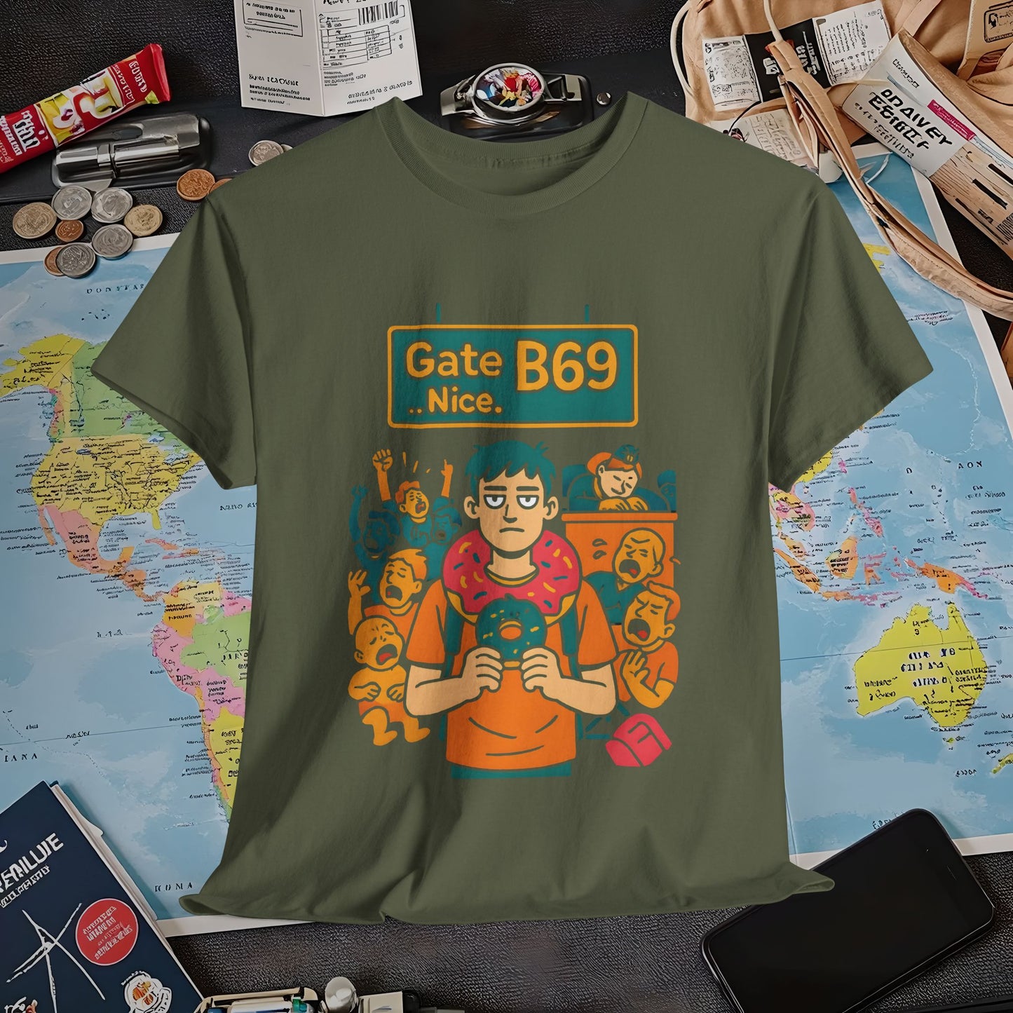 Gate B69 Deadpan Traveler T-Shirt — Chill at Chaotic Airport Terminal Layover Tee Air Travel T-Shirts | Jetsetter, Airport, and International Flight Tees