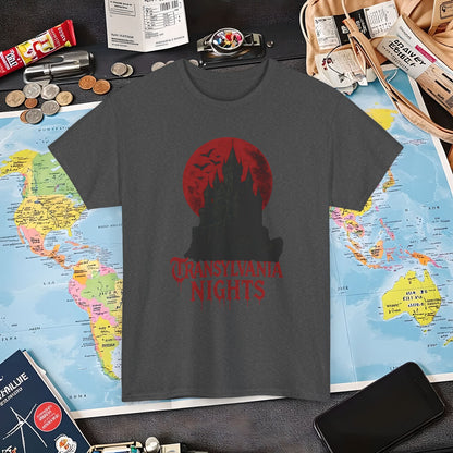Transylvania Nights Tee – Gothic Castle Under Crimson Moon | Layover Club Air Travel T-Shirts | Jetsetter, Airport, and International Flight Tees