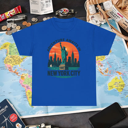 Adventure Awaits in New York City T-Shirt – Sunset Skyline with Statue of Liberty Design Air Travel T-Shirts | Jetsetter, Airport, and International Flight Tees