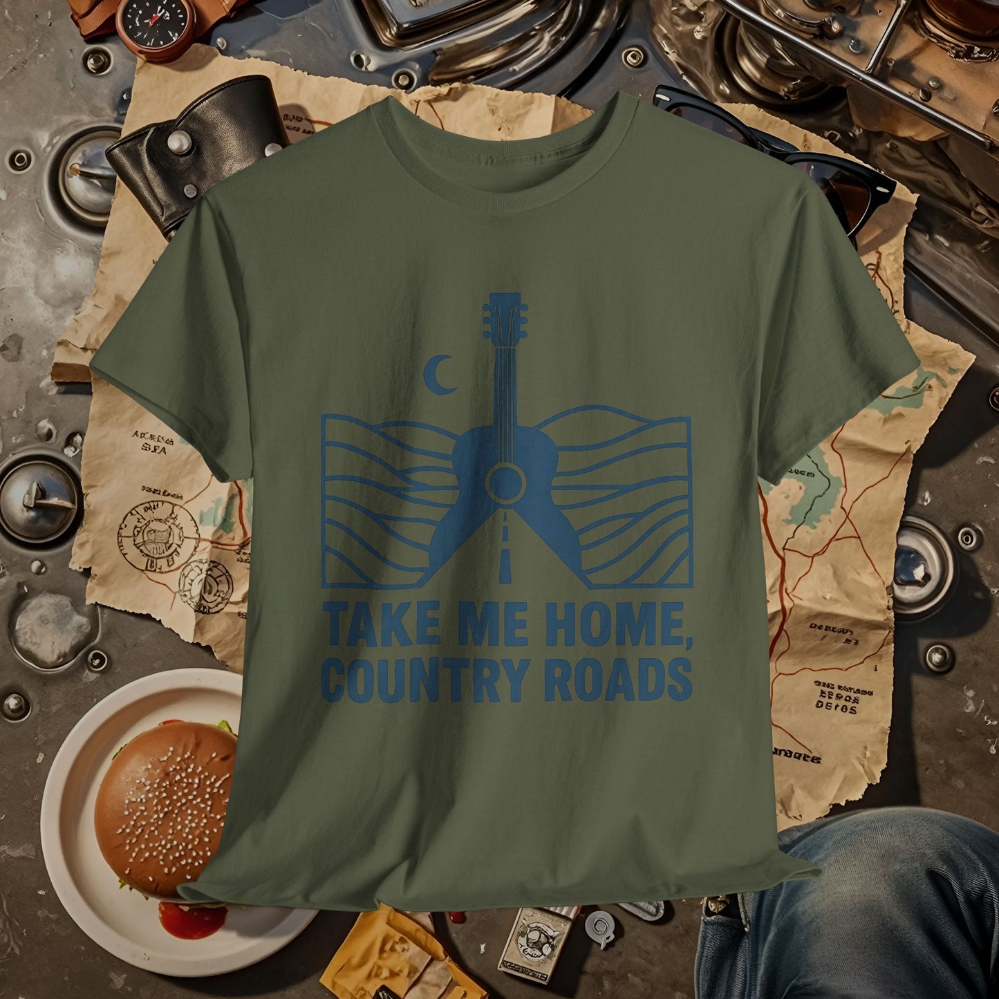 Take Me Home, Country Roads T-Shirt – Guitar Horizon & Open Highway Design Road Trip & Vehicle Travel T-Shirts | Car, RV, and Motorcycle Adventure Tees