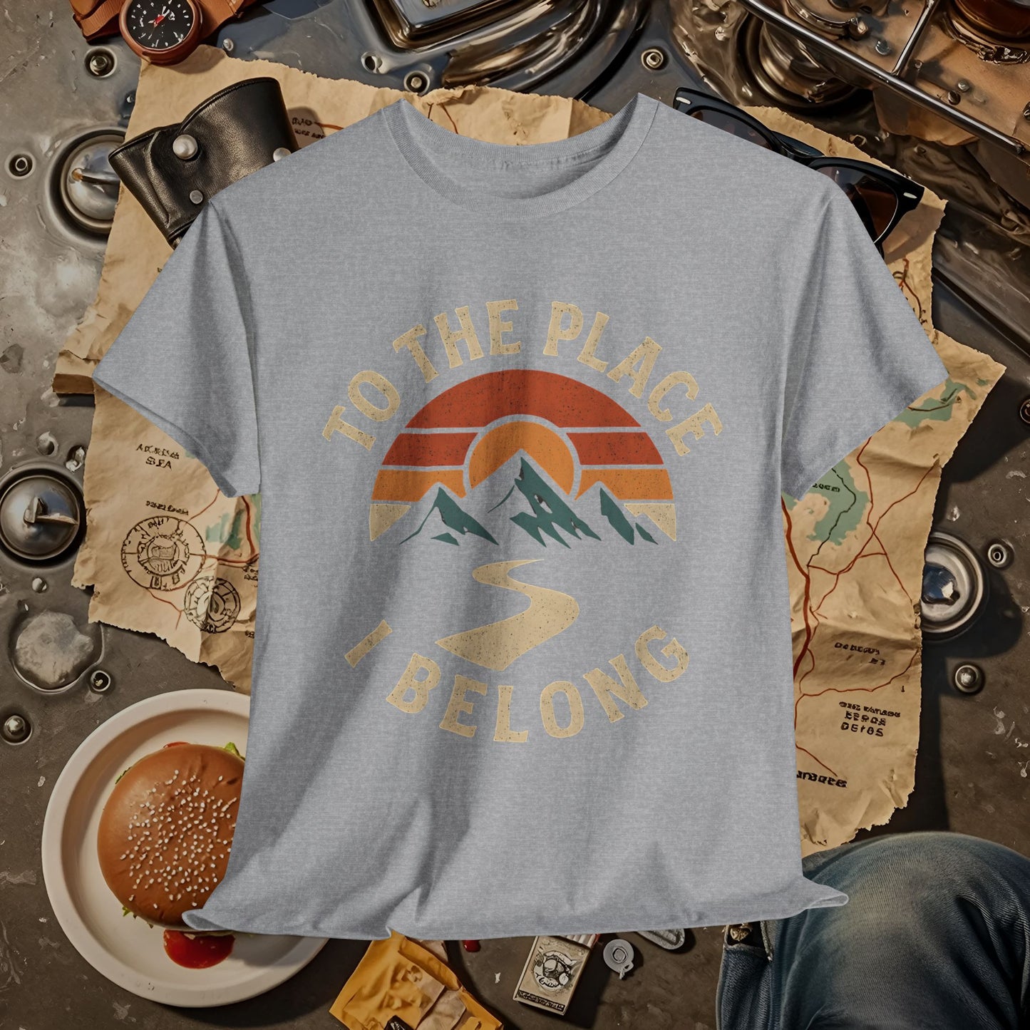 To the Place I Belong T-Shirt – Retro Sunset Mountain Road Travel Badge Road Trip & Vehicle Travel T-Shirts | Car, RV, and Motorcycle Adventure Tees