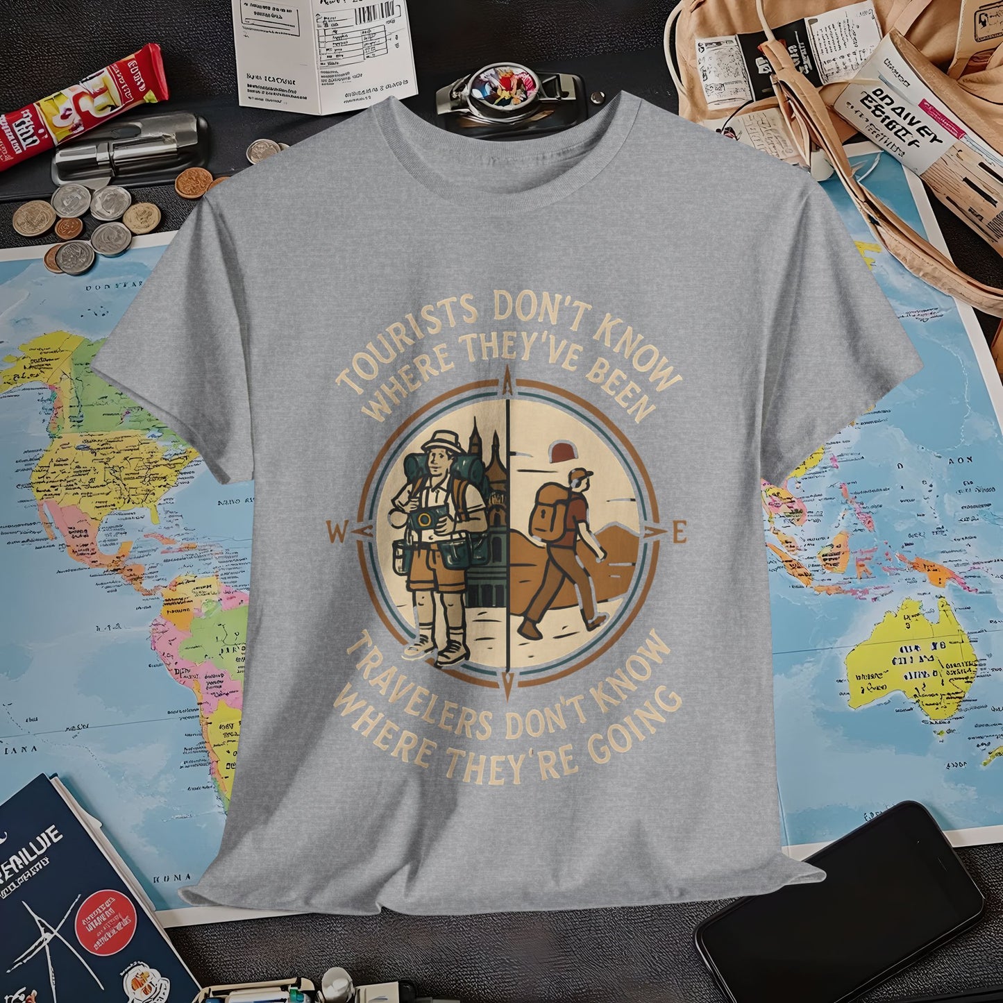 Tourists vs. Travelers – Vintage Compass Emblem Quote Tee | Layover Club Air Travel T-Shirts | Jetsetter, Airport, and International Flight Tees