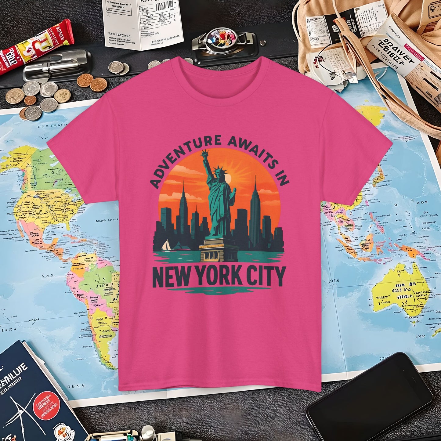 Adventure Awaits in New York City T-Shirt – Sunset Skyline with Statue of Liberty Design Air Travel T-Shirts | Jetsetter, Airport, and International Flight Tees