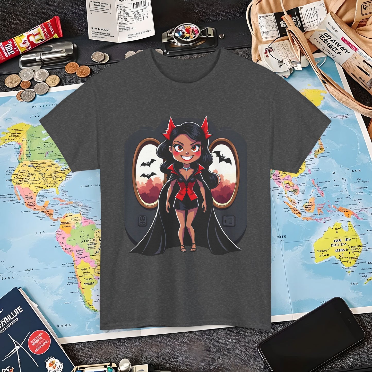 Vampire Flight Attendant T-Shirt – Gothic Girl with Bats Flying Outside the Plane Air Travel T-Shirts | Jetsetter, Airport, and International Flight Tees