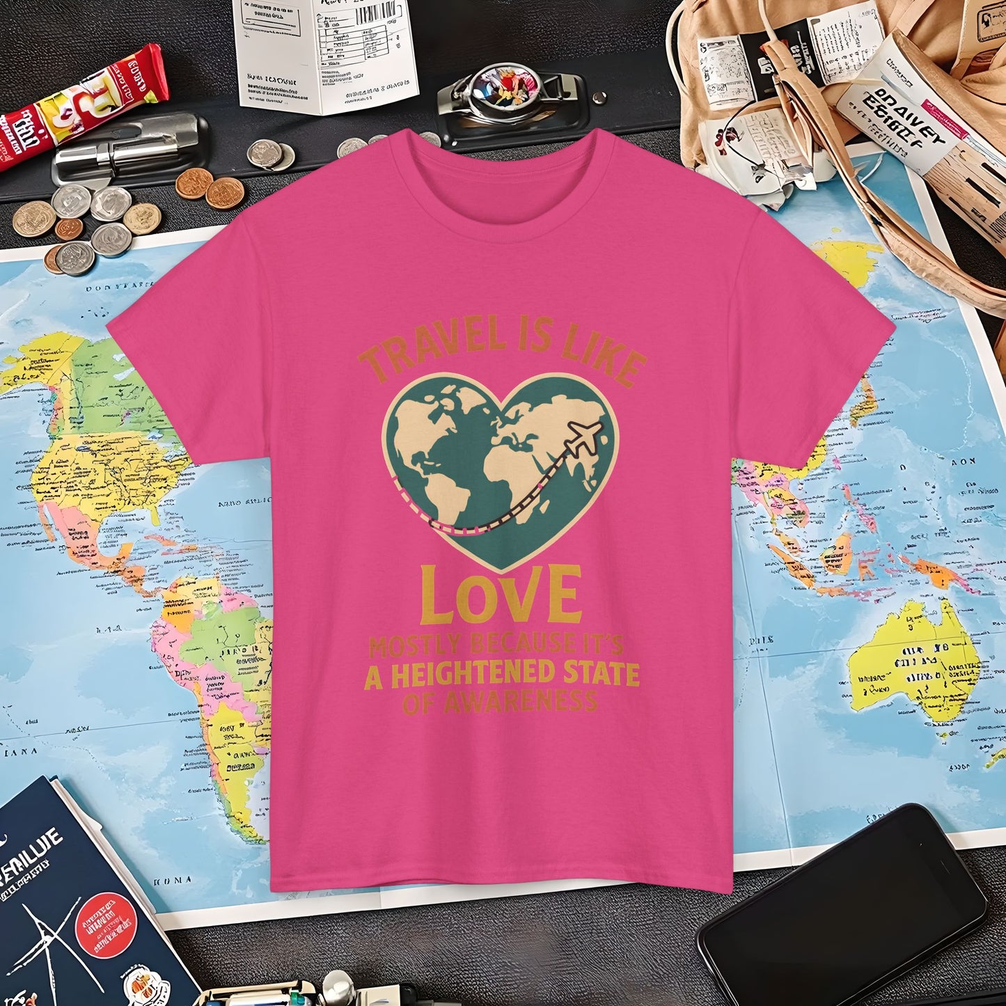 Travel Is Like Love – Heart Map Quote Tee with Airplane Path | Layover Club Air Travel T-Shirts | Jetsetter, Airport, and International Flight Tees