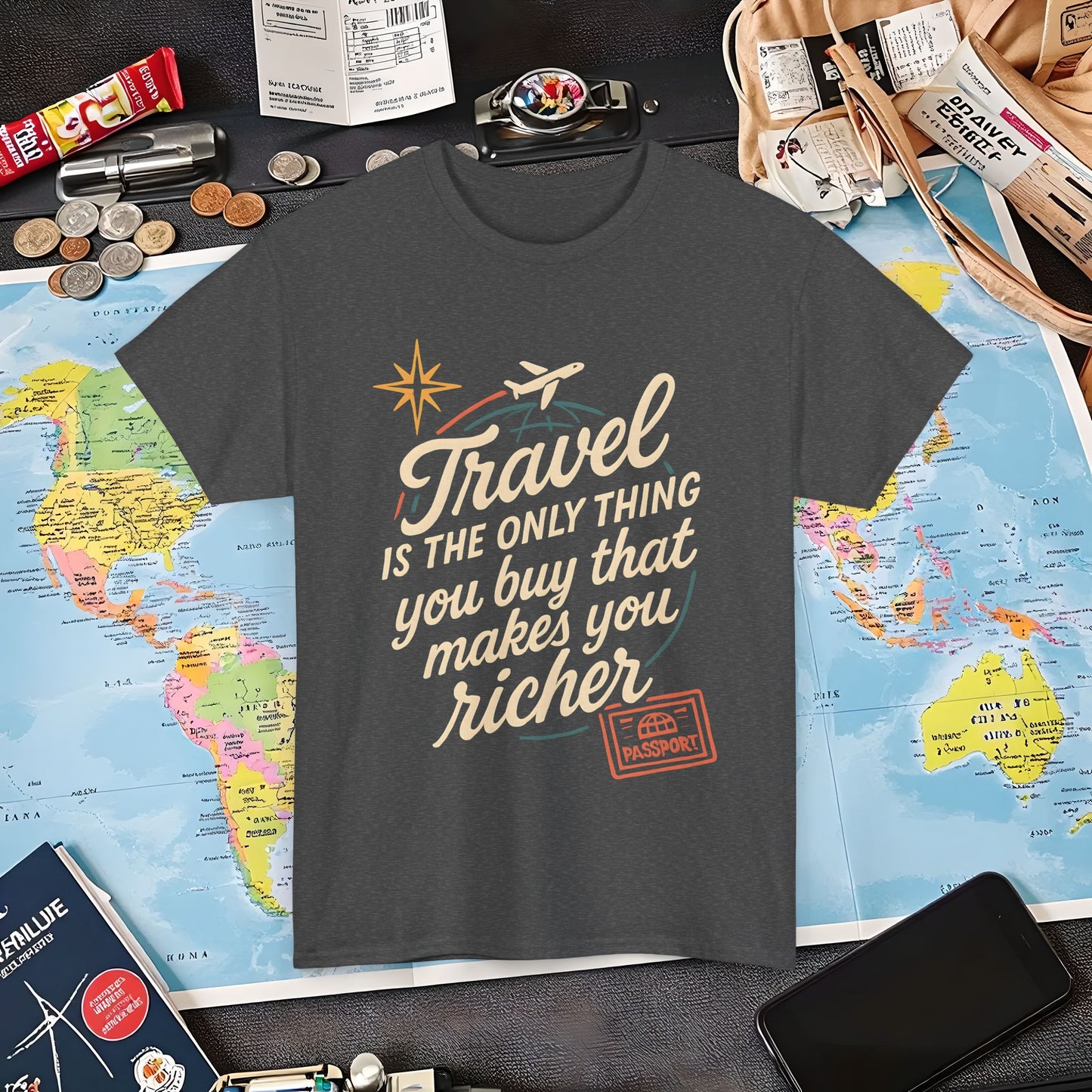 Travel Makes You Richer Tee – Vintage Globe & Airplane Quote Shirt Air Travel T-Shirts | Jetsetter, Airport, and International Flight Tees