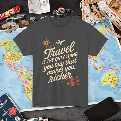 Travel Makes You Richer Tee – Vintage Globe & Airplane Quote Shirt Air Travel T-Shirts | Jetsetter, Airport, and International Flight Tees