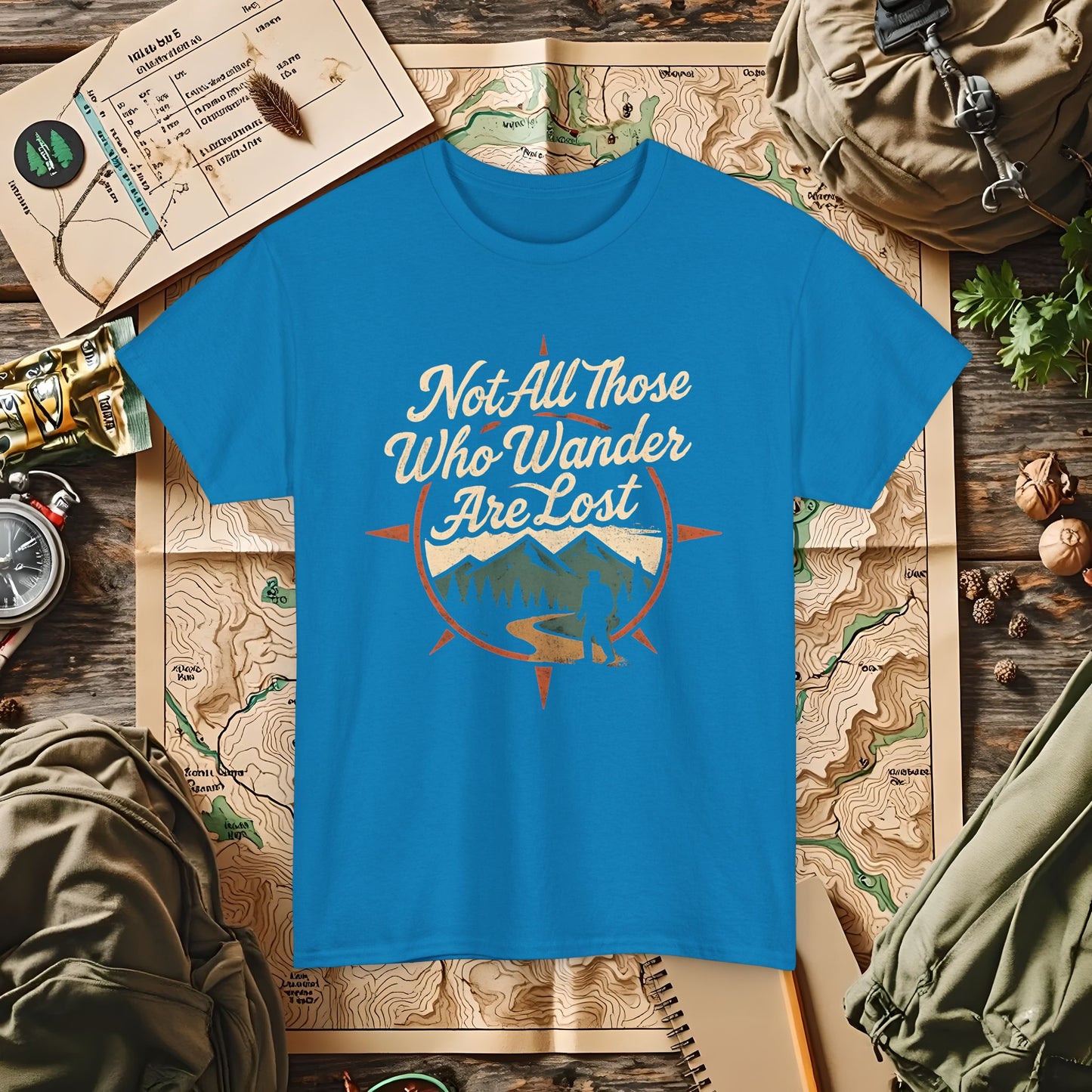 Not All Who Wander Are Lost – Vintage Compass Mountain Tee | Camping, Hiking, Rafting & Kayaking Tees for Nature Lovers