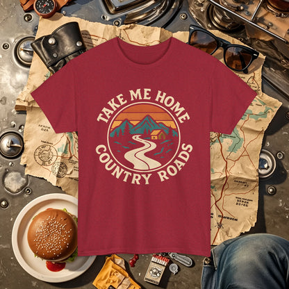 Take Me Home Country Roads T-Shirt – Retro Mountain Road to Cozy Cabin Design Road Trip & Vehicle Travel T-Shirts | Car, RV, and Motorcycle Adventure Tees