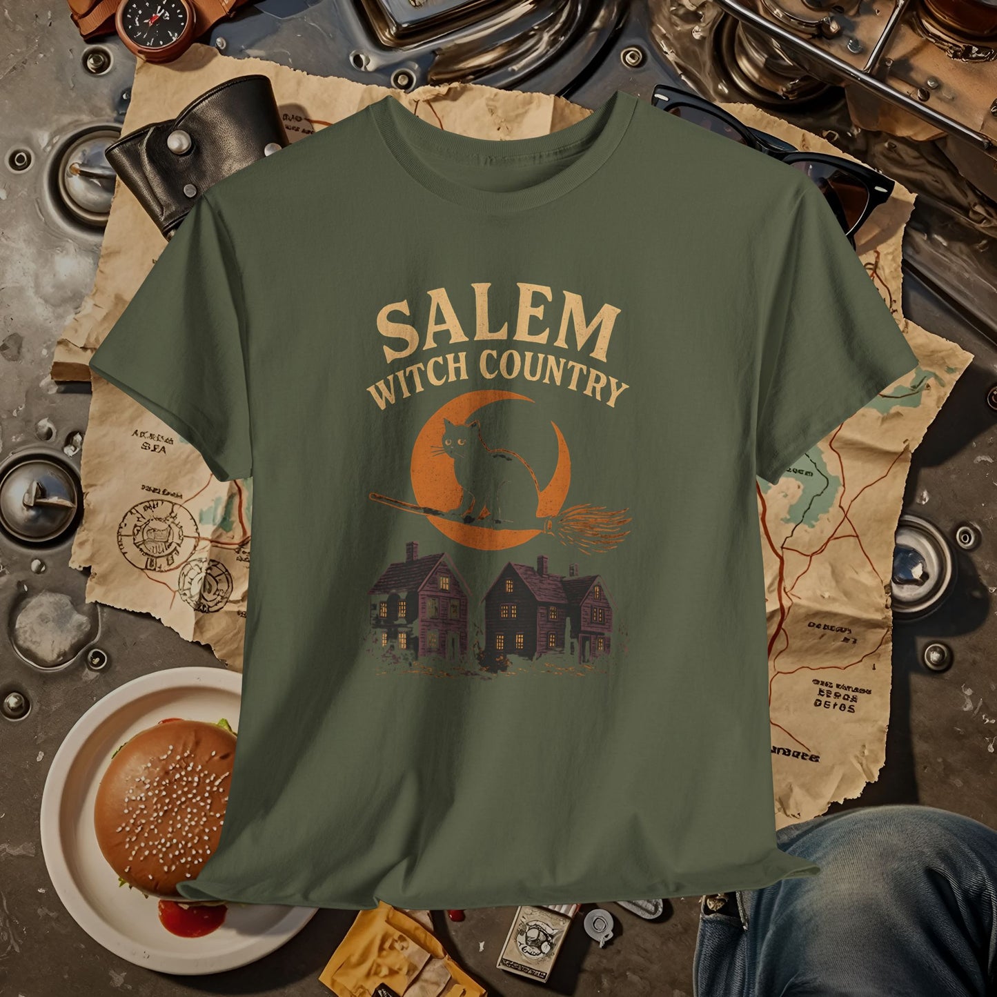 Salem Witch Country Black Cat & Moon Graphic Tee – Gothic Massachusetts Travel Shirt | Car, RV, and Motorcycle Adventure Tees