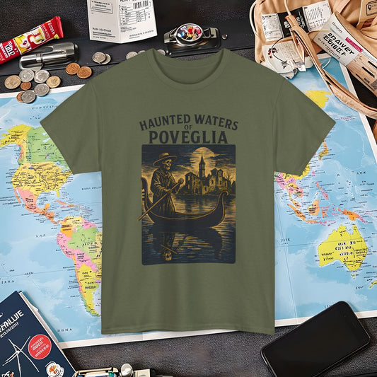 Skeletal Gondolier of Haunted Poveglia – Dark Venetian Ghost Travel Tee| Layover Club Air Travel T-Shirts | Jetsetter, Airport, and International Flight Tees