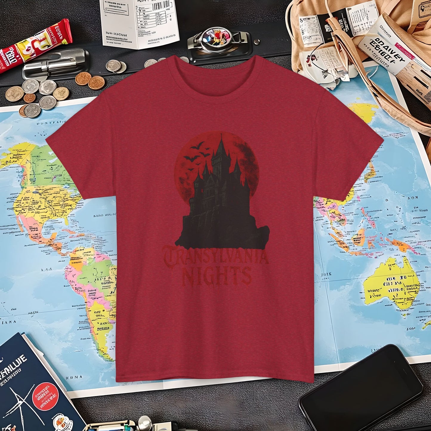 Transylvania Nights Tee – Gothic Castle Under Crimson Moon | Layover Club Air Travel T-Shirts | Jetsetter, Airport, and International Flight Tees
