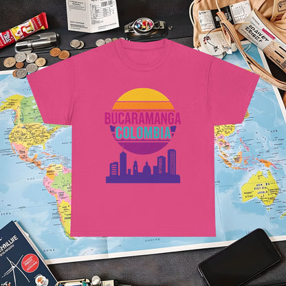 Retro Bucaramanga Skyline Sunset Tee – Vintage Colombia Travel Shirt| Layover Club Air Travel T-Shirts | Jetsetter, Airport, and International Flight Tees
