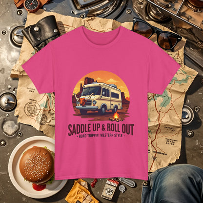 Saddle Up and Roll out Road Trip & Vehicle Travel T-Shirts | Car, RV, and Motorcycle Adventure Tees