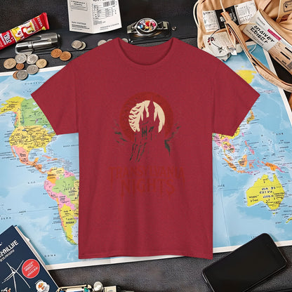 Gothic Transylvania Castle under Crimson Moon Tee – Dark Travel Romania Shirt | Layover Club Air Travel T-Shirts | Jetsetter, Airport, and International Flight Tees