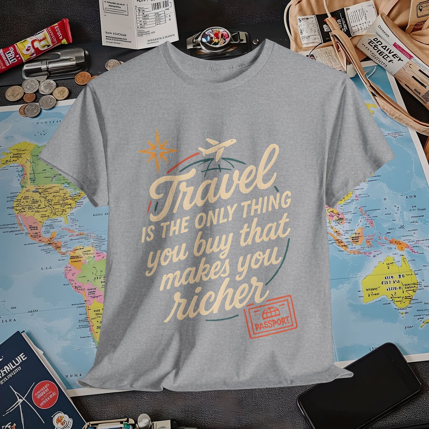Travel Makes You Richer Tee – Vintage Globe & Airplane Quote Shirt Air Travel T-Shirts | Jetsetter, Airport, and International Flight Tees