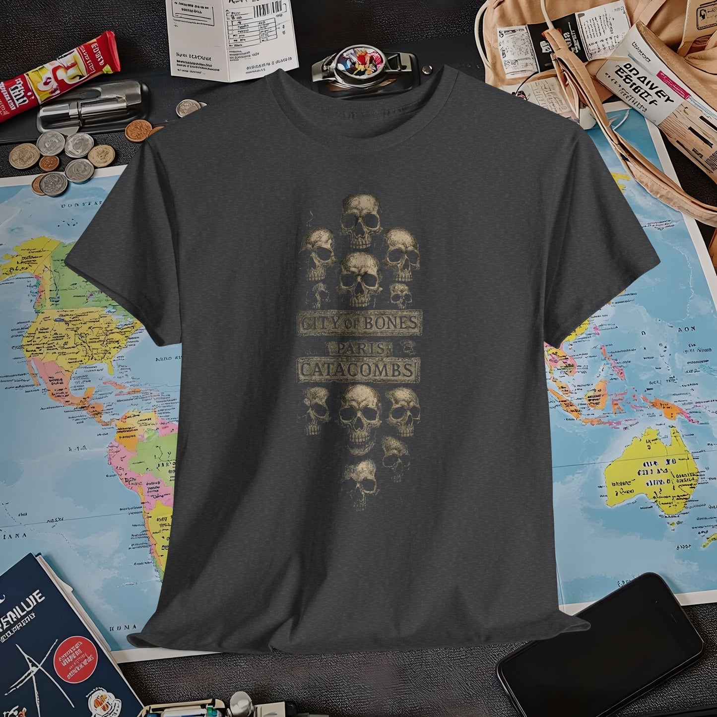 City of Bones Paris Catacombs Skull Wall Shirt – Gothic Haunted Travel Tee | Layover Club Air Travel T-Shirts | Jetsetter, Airport, and International Flight Tees