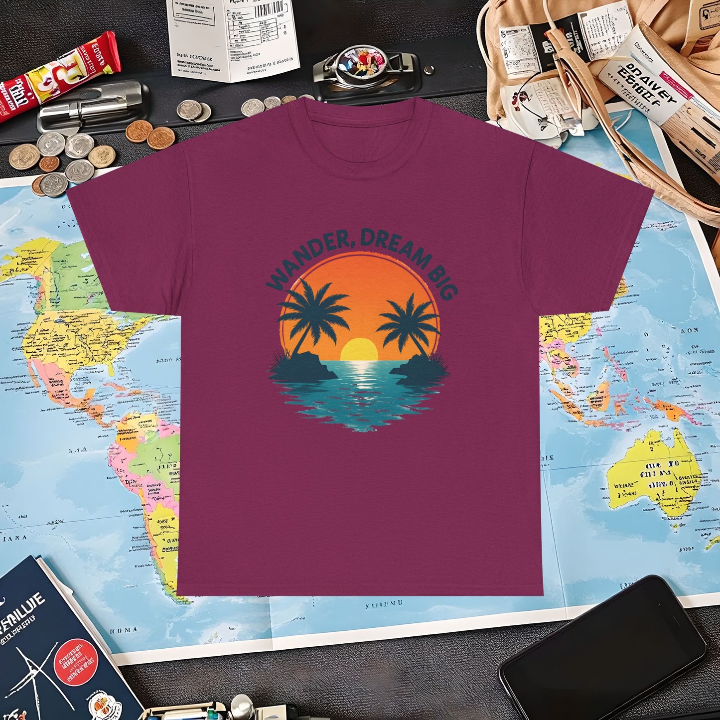 Wander Dream Big T-Shirt – Tropical Sunset with Palm Silhouettes Design Air Travel T-Shirts | Jetsetter, Airport, and International Flight Tees