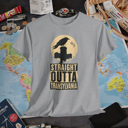 Straight Outta Transylvania Raven Cross Tee – Gothic Travel Romania Shirt | Layover Club Air Travel T-Shirts | Jetsetter, Airport, and International Flight Tees