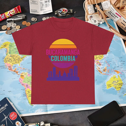 Retro Bucaramanga Skyline Sunset Tee – Vintage Colombia Travel Shirt| Layover Club Air Travel T-Shirts | Jetsetter, Airport, and International Flight Tees