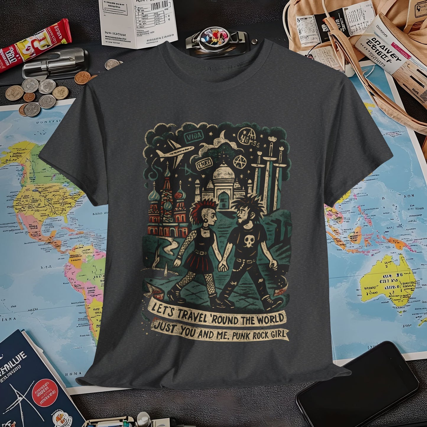 Let’s Travel 'Round the World, Just You and Me – Punk Rock Girl Global Adventure Tee Air Travel T-Shirts | Jetsetter, Airport, and International Flight Tees