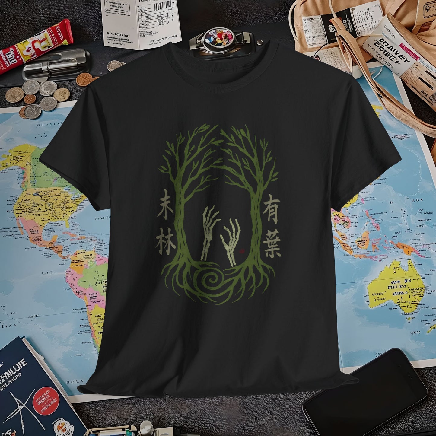 Aokigahara Tree Tunnel with Rising Skeleton Hands Tee – Haunted Japan Travel Shirt | Layover Club Air Travel T-Shirts | Jetsetter, Airport, and International Flight Tees