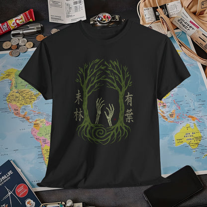 Aokigahara Tree Tunnel with Rising Skeleton Hands Tee – Haunted Japan Travel Shirt | Layover Club Air Travel T-Shirts | Jetsetter, Airport, and International Flight Tees