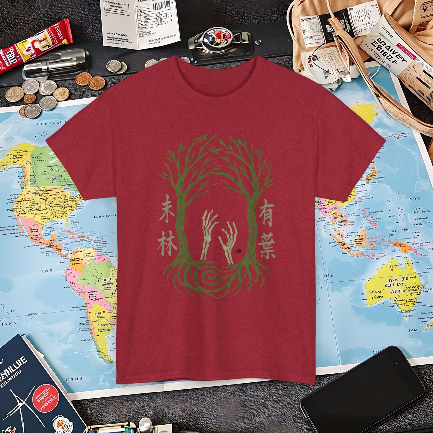 Aokigahara Tree Tunnel with Rising Skeleton Hands Tee – Haunted Japan Travel Shirt | Layover Club Air Travel T-Shirts | Jetsetter, Airport, and International Flight Tees