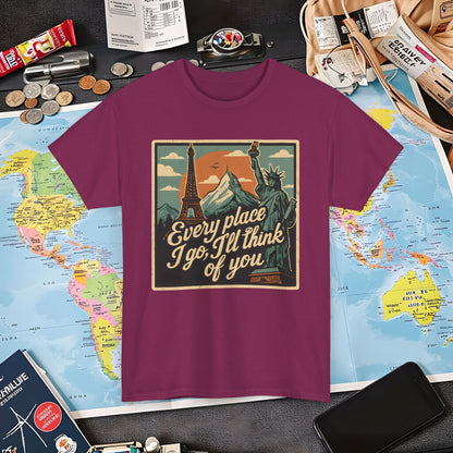 Every Place I Go, I’ll Think of You T-Shirt – Vintage Postcard Travel Collage with Iconic Landmarks Air Travel T-Shirts | Jetsetter, Airport, and International Flight Tees