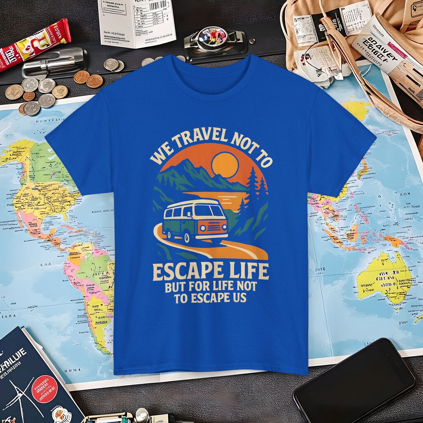 Travel Not to Escape Life – Retro Van & Sunset Road Adventure Tee | Layover Club Air Travel T-Shirts | Jetsetter, Airport, and International Flight Tees