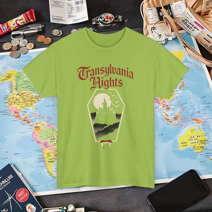 Transylvania Nights Gothic Castle Silhouette Tee – Dark Travel Romania Shirt | Layover Club Air Travel T-Shirts | Jetsetter, Airport, and International Flight Tees