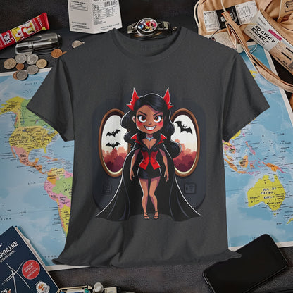 Vampire Flight Attendant T-Shirt – Gothic Girl with Bats Flying Outside the Plane Air Travel T-Shirts | Jetsetter, Airport, and International Flight Tees