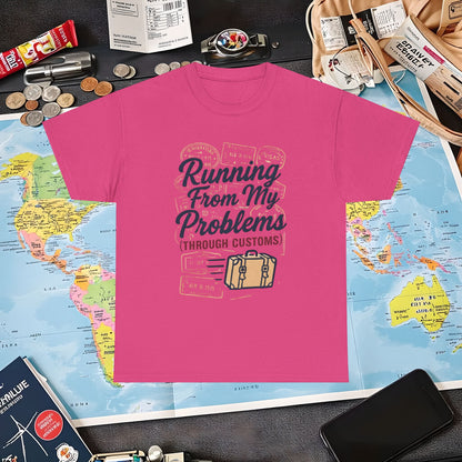 Running From My Problems Through Customs – Vintage Travel Quote Tee with Passport Stamps Air Travel T-Shirts | Jetsetter, Airport, and International Flight Tees