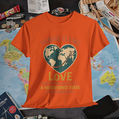 Travel Is Like Love – Heart Map Quote Tee with Airplane Path | Layover Club Air Travel T-Shirts | Jetsetter, Airport, and International Flight Tees