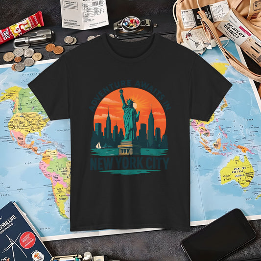 Adventure Awaits in New York City T-Shirt – Sunset Skyline with Statue of Liberty Design Air Travel T-Shirts | Jetsetter, Airport, and International Flight Tees