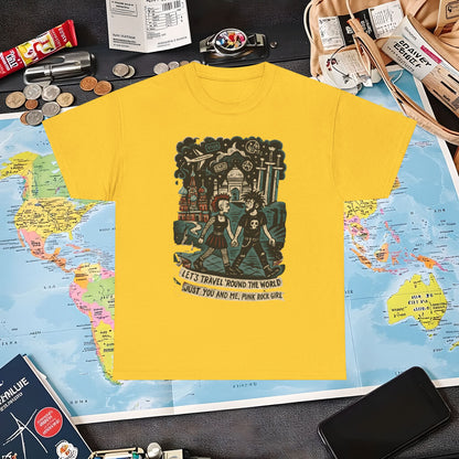 Let’s Travel 'Round the World, Just You and Me – Punk Rock Girl Global Adventure Tee Air Travel T-Shirts | Jetsetter, Airport, and International Flight Tees