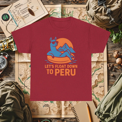Let’s Float Down to Peru T-Shirt – Chill Llama on Inner Tube and Andes Sunset Outdoor Adventure T-Shirts | Camping, Hiking, Rafting & Kayaking Tees for Nature Lovers