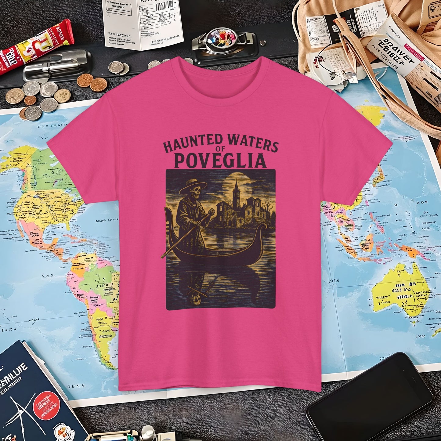 Skeletal Gondolier of Haunted Poveglia – Dark Venetian Ghost Travel Tee| Layover Club Air Travel T-Shirts | Jetsetter, Airport, and International Flight Tees