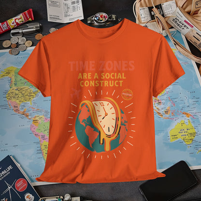 Time Zones Are a Social Construct Tee – Melting Clock Over World Map Travel Shirt Air Travel T-Shirts | Jetsetter, Airport, and International Flight Tees