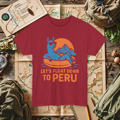 Let’s Float Down to Peru T-Shirt – Chill Llama on Inner Tube and Andes Sunset Outdoor Adventure T-Shirts | Camping, Hiking, Rafting & Kayaking Tees for Nature Lovers