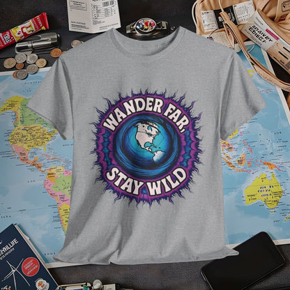 Wander Far, Stay Wild T-Shirt – Globe Burst Adventure Design Air Travel T-Shirts | Jetsetter, Airport, and International Flight Tees